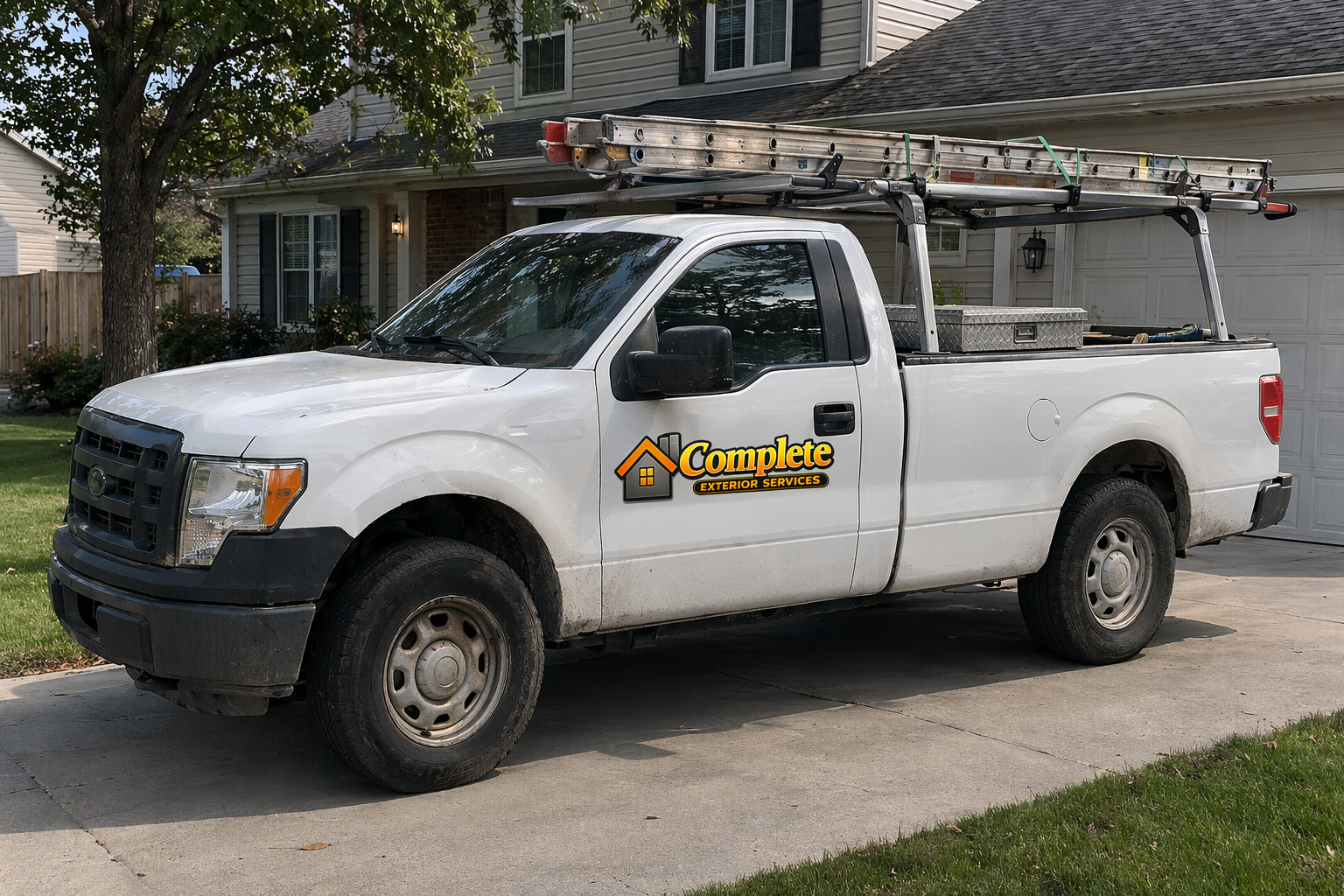 A Complete Exterior Services work truck parked at a residential job site